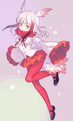 Rule 34 | 1girl, bird tail, bird wings, black hair, commentary request, frilled sleeves, frills, full body, fur collar, head wings, japanese crested ibis (kemono friends), kemono friends, long hair, long sleeves, mary janes, neck ribbon, pantyhose, pleated skirt, red hair, red pantyhose, ribbon, shoes, sidelocks, skirt, solo, tail, user vksx3745, white hair, wings, yellow eyes