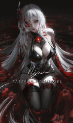 Rule 34 | 1girl, acheron (honkai: star rail), bare arms, bare shoulders, black choker, blood, blood on face, body markings, breasts, choker, cleavage, commentary, english commentary, flower, flower over eye, full body, hair between eyes, hair ornament, highres, honkai: star rail, honkai (series), kneeling, kneeling on liquid, large breasts, long hair, looking at viewer, markings, midriff, navel, nixeu, official alternate color, one eye closed, parted lips, partially submerged, patreon username, petals, rain, red eyes, red flower, red lips, ripples, signature, skindentation, solo, thighhighs, thighs, very long hair, watermark, web address, white hair