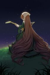 Rule 34 | 1girl, brown hair, commentary request, dress, drill hair, frilled dress, frills, full body, grass, green dress, green eyes, guang nian, head scarf, highres, hill, holding, holding watering can, long dress, long hair, long sleeves, looking at viewer, looking back, medium bangs, rozen maiden, sky, solo, standing, star (sky), starry sky, suiseiseki, twin drills, very long hair, watering can, white headwear