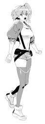 Rule 34 | 1girl, aina ardebit, chomoran, gloves, greyscale, highres, jacket, long hair, midriff, monochrome, open mouth, promare, shorts, side ponytail, solo, suspenders, thighhighs, white background