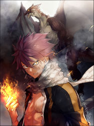 Rule 34 | 1boy, bruise, bruise on face, clenched hand, dragon, fairy tail, fire, glowing, glowing eyes, hair between eyes, highres, igneel, injury, long sleeves, male focus, natsu dragneel, pink hair, scarf, shirt, solo, spiked hair, torn clothes, torn shirt, twitter username, upper body, v-shaped eyebrows, white scarf, yae chitokiya, yellow eyes