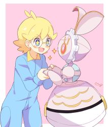 Rule 34 | 1boy, :d, bad id, bad pixiv id, blue eyes, blush, child, clemont (pokemon), creatures (company), eye contact, game freak, gen 7 pokemon, legendary pokemon, looking at another, magearna, magearna (normal), male focus, mei (maysroom), mythical pokemon, nintendo, open mouth, pink background, pokemon, pokemon (anime), pokemon (creature), pokemon xy (anime), signature, simple background, smile, sparkling eyes