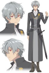 Rule 34 | 1boy, adam taylor, black tunic, boots, closed mouth, geunyeoga gongjagjeolo gaya haessdeon sajeong, grey hair, hand up, long hair, looking at viewer, open mouth, red eyes, serious, simple background, solo, sword, weapon, white background