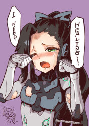Rule 34 | 1boy, 1girl, armor, black bow, blush, bodysuit, bow, comic, crying, crying with eyes open, cyborg, facebook username, fang, genji (overwatch), green eyes, hair bow, half-closed eyes, hands up, hanzo (overwatch), highres, hm (hmongt), long hair, looking at viewer, nose blush, one eye closed, open mouth, overwatch, overwatch 1, purple background, sad, simple background, sobbing, solo focus, streaming tears, tears, torn bodysuit, torn clothes