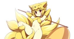 Rule 34 | 1girl, animal ears, animal hands, armpits, arms behind head, bell, blonde hair, blush, bottomless, breasts, commentary request, feet out of frame, fox girl, fox hat, fox tail, halterneck, holding, holding staff, kosumo, looking at viewer, moonlight flower, multiple tails, navel, open mouth, ragnarok online, red eyes, short hair, small breasts, solo, staff, tail, tail censor, white background