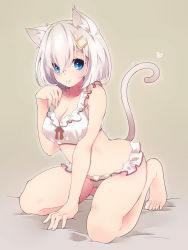 Rule 34 | 10s, 1girl, animal ears, blue eyes, breasts, cat ears, cat tail, cleavage, commentary request, eyes visible through hair, hair ornament, hair over one eye, hairclip, hamakaze (kancolle), highres, kantai collection, kemonomimi mode, large breasts, looking at viewer, ozu warudo, paw pose, short hair, silver hair, smile, solo, tail