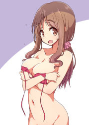 Rule 34 | 1girl, bikini, bikini top only, blush, breasts, brown eyes, brown hair, cleavage, collarbone, embarrassed, female focus, groin, highres, large breasts, long hair, looking at viewer, looking to the side, matsumoto yoriko, mel (melty pot), navel, open mouth, ponytail, red bikini, shiny skin, simple background, solo, standing, sweat, sweatdrop, swimsuit, upper body, white background, yuyushiki