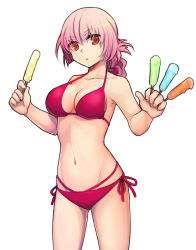 Rule 34 | 1girl, bikini, breasts, cleavage, cocorosso, fate/grand order, fate (series), florence nightingale (fate), folded ponytail, food, large breasts, long hair, looking at viewer, navel, parted lips, pink hair, popsicle, purple bikini, red eyes, side-tie bikini bottom, simple background, solo, swimsuit, white background