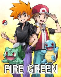 Rule 34 | 2boys, adjusting clothes, adjusting headwear, baseball cap, blue oak, blue oak (pokemon frlg), brown eyes, brown hair, bulbasaur, cover, cover page, creatures (company), game freak, gen 1 pokemon, hand in pocket, hat, highres, jewelry, male focus, multiple boys, necklace, nintendo, official style, orange eyes, orange hair, poke ball, poke ball (basic), pokemoa, pokemon, pokemon (creature), pokemon frlg, red (pokemon), red (pokemon frlg), smile, spiked hair, squirtle, tossing, wristband