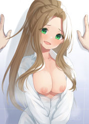 Rule 34 | 1girl, binsen, breasts, brown hair, cleavage, collarbone, commentary request, forehead, green eyes, highres, idolmaster, idolmaster million live!, large breasts, long hair, long sleeves, looking at viewer, medium breasts, nikaidou chizuru, nipples, open mouth, ponytail, shirt, signature, smile, solo focus, sweat, white shirt