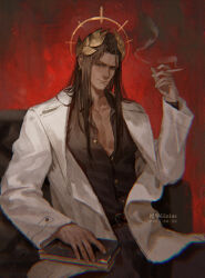 Rule 34 | abstract background, absurdres, artist name, brown eyes, brown hair, chromatic aberration, dated, emperor of mankind, ginias, glasses, gold, halo, halo behind head, highres, laurel crown, male focus, partially unbuttoned, smoke, smoking, unbuttoned, unbuttoned shirt, warhammer 40k