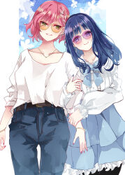 Rule 34 | 2girls, absurdres, arm hug, belt, blue hair, blue sky, border, bracelet, braid, cloud, commentary, couple, day, dress, duel monster, earrings, evil twin ki-sikil, evil twin lil-la, glasses, highres, jewelry, ki-sikil (yu-gi-oh!), light blush, lil-la (yu-gi-oh!), long hair, looking at another, multiple girls, nail polish, necklace, outdoors, pants, pink hair, purple eyes, shirt, short hair, sky, smile, surphase, white border, yellow eyes, yu-gi-oh!, yuri