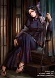 Rule 34 | 1girl, animal print, architecture, artist name, belt, black hair, bug, butterfly, butterfly hair ornament, butterfly print, collared shirt, east asian architecture, feet, firez, full body, gradient hair, hair ornament, haori, highres, holding, holding weapon, indoors, insect, japanese clothes, katana, kimetsu no yaiba, kochou shinobu, looking at viewer, medium hair, multicolored hair, paid reward available, patreon username, pleated pants, purple butterfly, purple eyes, purple hair, sandals, shirt, sitting, solo, sword, toes, two-tone hair, uniform, weapon, white belt