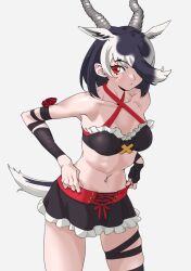 Rule 34 | 1girl, antelope ears, antelope horns, bandeau, bare shoulders, black bandeau, black hair, black skirt, blackbuck (kemono friends), breasts, collarbone, commentary, cowboy shot, criss-cross halter, extra ears, frilled skirt, frills, grey background, hair over one eye, halterneck, highres, horizontal pupils, horns, kemono friends, looking at viewer, medium breasts, miniskirt, multicolored hair, navel, red eyes, simple background, skirt, solo, stomach, tail, tanabe (fueisei), thigh strap, two-tone hair, white hair, wrist wrap