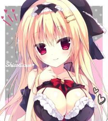 Rule 34 | 1girl, ;q, arm at side, bare shoulders, beret, black bow, black dress, black hat, blonde hair, blush, bow, bowtie, breasts, cleavage, cleavage cutout, clothing cutout, collarbone, commentary request, dress, frills, hair between eyes, hair bow, hair ornament, hairclip, halterneck, hand on own chest, hand up, hat, heart, highres, large breasts, licking lips, long hair, looking at viewer, one eye closed, original, red bow, red bowtie, red eyes, red ribbon, ribbon, ringonotane, smile, solo, tongue, tongue out, upper body