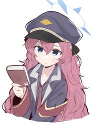 Rule 34 | 1girl, armband, black jacket, blue archive, blue eyes, book, closed mouth, collared shirt, cropped torso, hair between eyes, halo, hat, highres, holding, holding book, iroha (blue archive), jacket, light blush, long hair, long sleeves, looking at viewer, military hat, military jacket, necktie, ooyama imo, open clothes, open jacket, red hair, red necktie, safety pin, shirt, simple background, solo, upper body, white background, wide sleeves