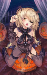 Rule 34 | 1girl, absurdres, arm support, bare shoulders, bat hair ornament, black nails, black thighhighs, blonde hair, blush, bodystocking, breasts, breathing, commentary request, curtains, eyepatch, fischl (genshin impact), garter straps, genshin impact, gloves, green eyes, hair ornament, hair over one eye, hair ribbon, halloween, hand up, head wings, highres, huge filesize, jack-o&#039;-lantern, long hair, looking at viewer, md5 mismatch, nail polish, open mouth, pumpkin, resolution mismatch, revision, ribbon, single thighhigh, sitting, small breasts, solo, source smaller, straddling, thighhighs, torriet, two side up, wings