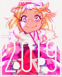Rule 34 | 1girl, 2019, aurahack, blonde hair, blue eyes, blush, commentary, english commentary, happy new year, highres, japanese clothes, kimono, lens flare, looking at viewer, new year, nose blush, original, patreon username, short hair, smile, solo, thick eyebrows, twitter username, weapon