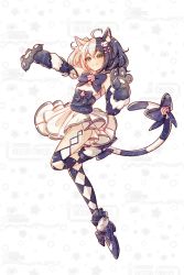 Rule 34 | 1girl, ahoge, animal ears, bell, bow, bowtie, cat ears, cat girl, cat hair ornament, cat tail, checkered clothes, checkered legwear, cheshire cat (monster girl encyclopedia), claws, closed mouth, detached sleeves, fafa66421797, flat chest, floating, full body, green eyes, hair between eyes, hair ornament, highres, jingle bell, monster girl encyclopedia, multicolored hair, skirt, smile, solo, split mouth, tail, tail bell, tail ornament, thighhighs, two side up