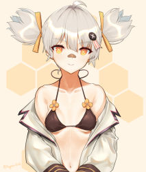Rule 34 | 1girl, bare shoulders, bikini, black bra, bra, breasts, closed mouth, clothes pull, collarbone, cz2000 (girls&#039; frontline), girls&#039; frontline, hair ornament, hairclip, ingerdoll, jacket, jacket pull, looking at viewer, navel, open clothes, open jacket, short hair, silver hair, simple background, small breasts, smile, solo, swimsuit, twintails, twitter username, underwear, upper body, white jacket, yellow eyes