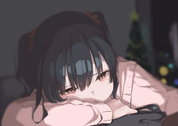 Rule 34 | absurdres, black hair, blunt bangs, blurry, blurry background, christmas, christmas tree, depth of field, head on arm, head rest, highres, idolmaster, idolmaster shiny colors, indoors, leaning forward, looking afar, mayuzumi fuyuko, painnico, solo, two side up