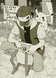 Rule 34 | 1boy, absurdres, animal, animal on shoulder, backpack, bag, baseball cap, black hair, caterpie, covered face, creatures (company), english text, game boy, game freak, gen 1 pokemon, grass, greyscale, handheld game console, hat, highres, holding, jacket, kakuna, kanazawa shinnosuke, metapod, monochrome, multiple boys, nintendo, on one knee, outdoors, pants, pikachu, pokemon, pokemon (creature), pokemon rgby, red (pokemon), short hair, short sleeves, sign, squirtle, tree