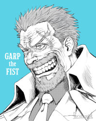Rule 34 | 1boy, artist name, beard, character name, clenched teeth, commentary, english commentary, english text, facial hair, feriowind, grey hair, blue background, male focus, monkey d. garp, mustache, necktie, one piece, scar, scar on face, short hair, simple background, smile, solo, teeth, uniform, white necktie