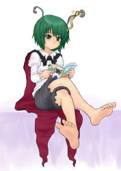 Rule 34 | 1girl, antennae, barefoot, book, cape, crossed legs, english text, feet, female focus, foot focus, green eyes, green hair, highres, kuro suto sukii, matching hair/eyes, open book, reading, short hair, simple background, sitting, soles, solo, toes, touhou, white background, wriggle nightbug