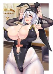 Rule 34 | 1girl, alicia renato (yashiro sousaku), animal ears, black leotard, breasts, cleavage, commission, curvy, detached sleeves, fake animal ears, heterochromia, highleg, highres, huge breasts, leotard, looking at viewer, mimoza (96mimo414), navel, original, pantyhose, playboy bunny, rabbit ears, red eyes, second-party source, short hair, smile, solo, strapless, thick thighs, thighs, white hair, wide hips, yellow eyes