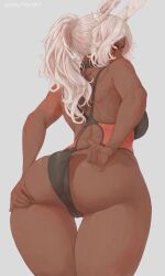 Rule 34 | 1girl, absurdres, adjusting clothes, adjusting swimsuit, animal ear fluff, animal ears, artist name, ass, ass grab, bare shoulders, breasts, butt crack, commission, competition swimsuit, dark-skinned female, dark skin, from behind, grabbing own ass, highres, kuromoro, large breasts, long hair, looking at viewer, looking back, one-piece swimsuit, original, ponytail, rabbit ears, rabbit girl, solo, swimsuit, thick thighs, thigh gap, thighs, toned, white hair