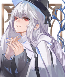Rule 34 | 1girl, absurdres, arknights, black hat, black sleeves, cape, grey hair, hands up, hat, highres, long hair, long sleeves, official alternate costume, own hands together, parted lips, red eyes, smile, solo, specter (arknights), specter (undercurrent) (arknights), upper body, was775, white background, white cape