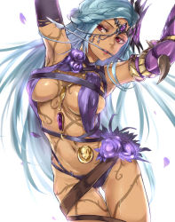 Rule 34 | 1girl, armpits, arms up, arrow (projectile), arrow in mouth, artemis (tower of saviors), blue hair, braid, breasts, circlet, cleavage, cowboy shot, dark skin, dark-skinned female, flower, gloves, jewelry, kyouki, lips, long hair, midriff, mouth hold, navel, necklace, red eyes, revealing clothes, simple background, solo, tower of saviors