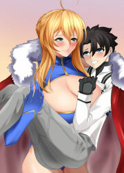 Rule 34 | 1boy, 1girl, absurdres, ahoge, artoria pendragon (fate), artoria pendragon (lancer) (fate), black hair, blonde hair, blush, breasts, cape, carrying, fate/grand order, fate (series), fujimaru ritsuka (male), gloves, happy, highres, large breasts, leotard, pants, princess carry, smile, yui (pfyt3782)