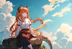 Rule 34 | 1girl, absurdres, ahoge, ai-assisted, blue sky, braid, closed mouth, cloud, day, dragon girl, dragon tail, dress shirt, floating hair, highres, horns, layered sleeves, long hair, long skirt, long sleeves, orange hair, original, outdoors, pleated skirt, pointy ears, red skirt, shirt, short over long sleeves, short sleeves, sitting, skirt, sky, smile, solo, tail, unstableboiler, very long hair, white shirt, yellow eyes