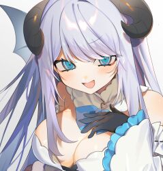 Rule 34 | 1girl, :d, aqua bow, aqua bowtie, aqua eyes, bat wings, black gloves, black horns, bow, bowtie, breasts, cleavage, collar, curled horns, detached collar, dot nose, frilled collar, frilled sleeves, frills, gloves, grey hair, hair over eyes, hamita (rikopin ika), hand on own chest, hand up, highres, horns, large breasts, long hair, looking at viewer, open mouth, original, portrait, simple background, smile, solo, white background, white collar, wings