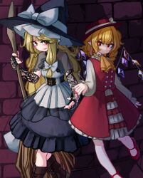 Rule 34 | 2girls, absurdres, adapted costume, ascot, black corset, black dress, black gloves, black headwear, blonde hair, blush, boots, bow, brick wall, broom, brown footwear, collar, corset, dress, drill hair, fingerless gloves, flandre scarlet, frilled collar, frilled hat, frilled skirt, frills, full body, gloves, hair between eyes, hair bow, hat, hat bow, highres, holding, holding broom, kirisame marisa, long hair, looking at another, looking at viewer, mary janes, multiple girls, off-shoulder dress, off shoulder, open mouth, red eyes, red footwear, red headwear, red nails, red skirt, red vest, see-through, see-through capelet, see-through dress, see-through gloves, shoes, side drill, single sidelock, skirt, touhou, two-tone dress, vest, white bow, white dress, yellow ascot, yellow eyes, zakozako y