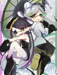 Rule 34 | 2girls, ;d, absurdres, bare shoulders, black dress, black footwear, black gloves, black pantyhose, blush, boots, callie (splatoon), coat, cousins, cross-shaped pupils, dress, earrings, fangs, gloves, grey coat, grey hair, highres, hikimayu, holding, holding umbrella, inkling, invisible chair, jewelry, knee up, long hair, looking at viewer, marie (splatoon), mole, mole under eye, multiple girls, nintendo, oil-paper umbrella, one eye closed, open mouth, pantyhose, pointy ears, short dress, short hair, sitting, smile, splatoon (series), splatoon 3, strapless, strapless dress, symbol-shaped pupils, tatedano kabae, tentacle hair, thick eyebrows, umbrella, white pantyhose, yellow eyes