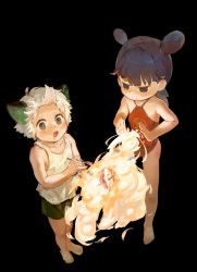 Rule 34 | 2boys, absurdres, bare legs, barefoot, black background, black eyes, black hair, black shorts, blunt bangs, blush, chenyige, chinese clothes, double bun, dudou, fire, glowing, hair bun, highres, luo xiaohei, luo xiaohei (human), luo xiaohei zhanji, multiple boys, nezha (the legend of luoxiaohei), short hair, shorts, simple background, tank top, white hair, white tank top