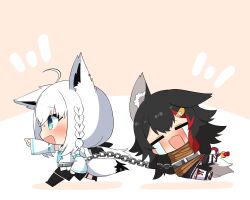 2girls :d =_= ahoge animal_ear_fluff animal_ears aqua_eyes black_hair black_skirt blush bound braid chain chibi closed_eyes commentary_request crying detached_sleeves dragging fox_ears fox_girl fox_tail hair_ornament hololive long_hair multicolored_hair multiple_girls ookami_mio open_mouth pointing red_hair shirakami_fubuki shirakami_fubuki_(1st_costume) simple_background single_braid skirt smile streaked_hair tail tears tied_up_(nonsexual) twumi virtual_youtuber walking white_hair wolf_ears wolf_girl wolf_tail