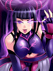 Rule 34 | 1girl, :p, blunt bangs, breasts, capcom, chinese clothes, drill hair, dudou, elbow gloves, female focus, fingerless gloves, gloves, glowing, glowing eye, halterneck, han juri, looking at viewer, nishida megane, purple eyes, purple hair, short hair, short twintails, smile, solo, street fighter, street fighter iv (series), tongue, tongue out, twin drills, twintails