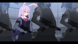 Rule 34 | 4girls, animal ears, armband, bad id, bad pixiv id, bespectacled, blurry, bow, bowtie, breasts, collared shirt, cowboy shot, depth of field, faceless, faceless female, glasses, gun, head out of frame, letterboxed, light purple hair, long hair, medium breasts, multiple girls, no eyes, parody, rabbit ears, rabbit girl, rabbit tail, reisen udongein inaba, scared, semi-rimless eyewear, shirt, skirt, soldier, solo focus, star wars, tail, touhou, trembling, vest, wavy mouth, weapon, xialuluo (sharuro)