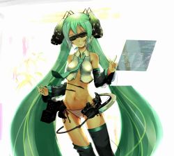 Rule 34 | 1girl, akino t, aqua hair, blindfold, hatsune miku, head-mounted display, headphones, headset, long hair, midriff, navel, necktie, panties, solo, striped clothes, striped panties, thighhighs, twintails, underwear, very long hair, visor, vocaloid
