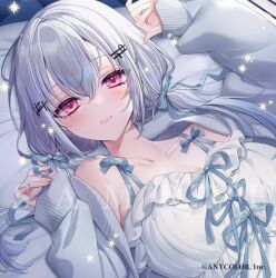 Rule 34 | 1girl, bed, blue bow, blush, bow, breasts, cleavage, collarbone, copyright notice, crossed bangs, dress, frilled dress, frills, grey hair, grey jacket, hair bow, hair ornament, hairclip, hakase fuyuki, jacket, large breasts, lips, long hair, looking at viewer, low twintails, lying, neko-san (dim.dream), nijisanji, off shoulder, official art, on back, red eyes, sample watermark, sidelocks, sleepwear, sleeves past wrists, smile, solo, star (symbol), twintails, virtual youtuber, watermark, white dress