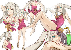 Rule 34 | 1girl, :d, ;d, arm behind head, ass, back, breasts, character sheet, crab, crab on head, cup, drinking glass, drinking straw, fate/grand order, fate (series), grey hair, hsin, long hair, looking at viewer, marie antoinette (fate), marie antoinette (fate/grand order), marie antoinette (swimsuit caster) (fate), marie antoinette (swimsuit caster) (first ascension) (fate), multiple views, one-piece swimsuit, one eye closed, open mouth, pink one-piece swimsuit, sandals, simple background, smile, swimsuit, twintails, white background
