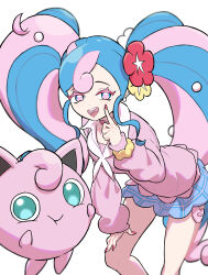 Rule 34 | 1girl, absurdres, blue skirt, cardigan, choker, creatures (company), earrings, fairy miku (project voltage), flower, game freak, gen 1 pokemon, hair flower, hair ornament, hatsune miku, heart, heart choker, highres, jewelry, jigglypuff, keeno-ringo46, leaning forward, long hair, looking at viewer, multicolored eyes, multicolored hair, nail polish, nintendo, open mouth, pink cardigan, pink nails, pokemon, pokemon (creature), project voltage, scrunchie, simple background, skirt, twintails, two-tone hair, very long hair, vocaloid, white background, wrist scrunchie