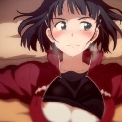 Rule 34 | 10s, 1girl, animated, animated gif, bed, black hair, blunt bangs, blush, bouncing breasts, breasts, cleavage, clothed sex, hair ornament, hairclip, heavy breathing, kirigaya suguha, large breasts, looking away, lowres, lying, nipples, on back, open clothes, short hair, solo, sweat, sword art online, upper body