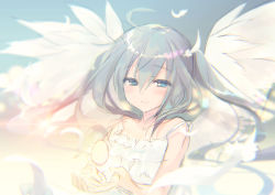 Rule 34 | 1girl, angel, angel wings, bare shoulders, black hair, blue eyes, blue sky, blush, closed mouth, cloud, commentary request, day, dress, egg, feathers, hair between eyes, half-closed eyes, long hair, looking at viewer, original, outdoors, own hands together, shouna mitsuishi, sketch, sky, sleeveless, sleeveless dress, smile, solo, sunlight, very long hair, white dress, white feathers, white wings, wings