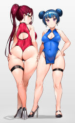 Rule 34 | 2girls, alternate breast size, arm at side, ass, back cutout, bare shoulders, black choker, black footwear, black legwear, black panties, blue dress, blue hair, blush, breasts, china dress, chinese clothes, choker, cleavage, cleavage cutout, closed mouth, clothing cutout, covered navel, double bun, dress, from behind, full body, gluteal fold, grey background, groin, hair bun, hand on own hip, high heels, highres, huge ass, kneepits, long hair, looking at viewer, looking back, love live!, love live! sunshine!!, medium breasts, multiple girls, panties, pelvic curtain, ponytail, purple eyes, red hair, sakurauchi riko, shiny skin, side bun, simple background, single hair bun, single side bun, skindentation, sleeveless, sleeveless dress, standing, tem10, thick thighs, thigh gap, thigh strap, thighs, tsushima yoshiko, underwear, white background, wide hips