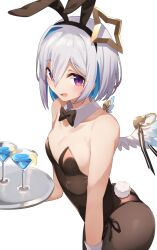 Rule 34 | 1girl, amane kanata, angel, angel wings, animal ears, black leotard, blue hair, breasts, cleavage, collar, colored inner hair, detached collar, fake animal ears, fake tail, fragir, grey hair, halo, highres, holding, holding tray, hololive, leotard, looking at viewer, multicolored hair, open mouth, purple eyes, rabbit ears, rabbit tail, small breasts, smile, star halo, strapless, strapless leotard, tail, tray, virtual youtuber, white collar, white wrist cuffs, wings, wrist cuffs
