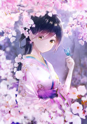 Rule 34 | 1girl, absurdres, an64239626, black hair, blurry, blurry foreground, brown eyes, bug, butterfly, butterfly on hand, flower, gradient hair, hair between eyes, highres, houchi shoujo, insect, japanese clothes, kimono, long hair, long sleeves, multicolored hair, pink flower, pink hair, print kimono, solo, upper body, white kimono